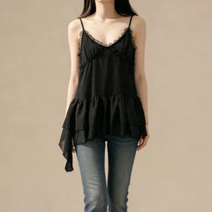Spaghetti Strap V-Neck Plain Ruffle Asymmetrical Lace Mini A-Line Dress