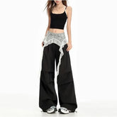 Mid Rise Lace Skirt Overlay Wide Leg Cargo Pants (Various Designs)