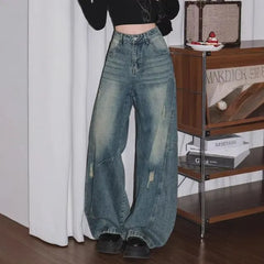 High Waist Washed Distressed Barrel Leg Baggy Jeans