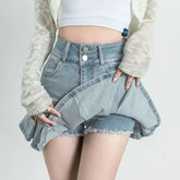 Mid Waist Denim Mini Pleated Skort