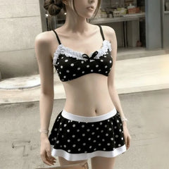 Set: Polka Dot Bikini Top + Swim Skirt + Panties