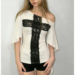 Elbow Sleeve Cold Shoulder Lace Panel Slim-Fit T-Shirt