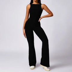 Sleeveless Plain Backless Flared Jumpsuit