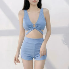 Set: V-Neck Plain Cutout Bikini Top + Swim Shorts