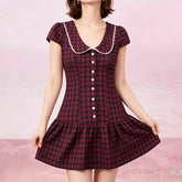 Short-Sleeve Peter Pan Collar Plaid Lace Trim Half-Buttoned Mini A-Line Dress