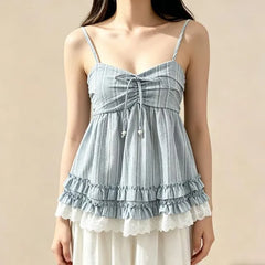 Barcode Striped Ruffle Lace Trim Flowy Camisole Top