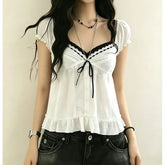 Puff Sleeve Square-Neck Lace-Trim Ruffled Hem Loose-Fit Blouse