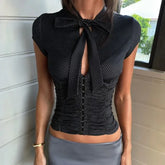 Short Sleeve Tie Collar Dotted Ruched Corset Crop Top