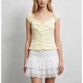 Cap Sleeve V-Neck Plain Ruffled-Trim Slim-Fit Blouse