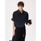 Elbow-Sleeve Contrast Collar Button-Up Shirt