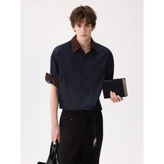 Elbow-Sleeve Contrast Collar Button-Up Shirt