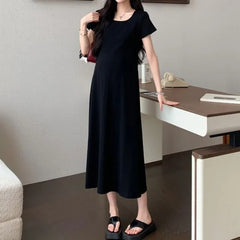 Maternity Short Sleeve Square Neck Plain Maxi A-Line Dress