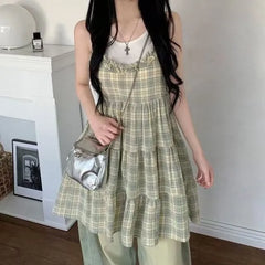 Spaghetti Strap Scoop Neck Plaid Frill Trim A-Line Dress
