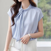 Cap-Sleeve Tie Neck Plain Blouse