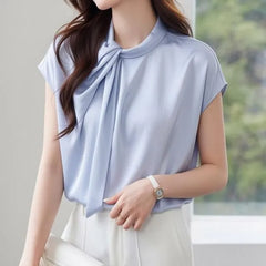 Cap-Sleeve Tie Neck Plain Blouse