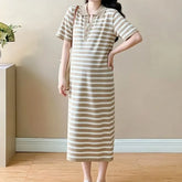 Maternity Short-Sleeve Collar Striped Midi T-Shirt Dress