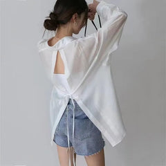 Long-Sleeve Collared Plain Backless Button Up Shirt
