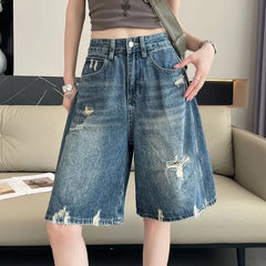Mid Rise Washed Distressed Wide Leg Jorts