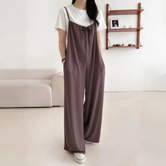 Plain Drawstring Suspender Wide-Leg Jumpsuit