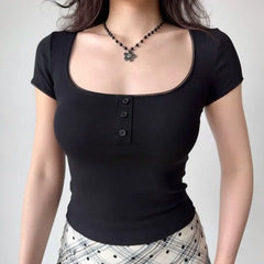 Short-Sleeve Scoop Neck Plain Slim Fit Crop T-Shirt