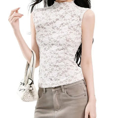 Mock Neck Lace Slim Fit Crop Tank Top