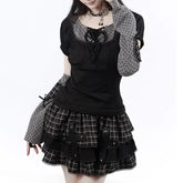 Short-Sleeve Dotted Panel Top / Plaid Mini Tiered Skirt / Arm Sleeves / Short-Sleeve Mini A-Line Dress
