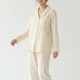 Pajama Set: Long-Sleeve Lapel Collar Lace Trim Button-Up Top + Pants