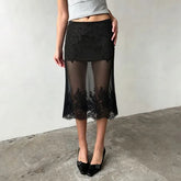 Low Waist Lace Panel Mesh Midi Pencil Skirt