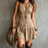 Sleeveless V-Neck Plain Lace Trim Mini A-Line Dress