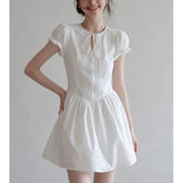 Short Puff Sleeve Tie-Front Plain Pointelle A-Line Dress (Various Designs)