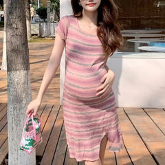 Short-Sleeve Crew Neck Striped Slit Sheath Dress