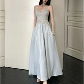 Spaghetti Strap V-Neck Lace Maxi A-Line Dress
