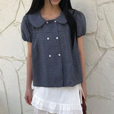 Short Sleeve Collared Plaid Double Breasted Blouse