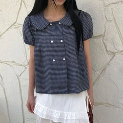 Short Sleeve Collared Plaid Double Breasted Blouse