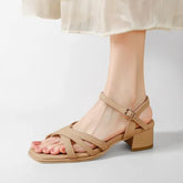 Chunky Heel Square Toe Plain Faux Leather Sandals