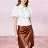 Puff Sleeve Spread Collar Plain Peplum top