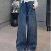 Mid Rise Washed Rhinestone Barrel Leg Jeans