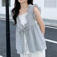 Sleeveless Ruffle Mock Two-Piece Blouse