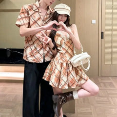 Couple Matching Short-Sleeve Argyle Print Button-Up Shirt / Spaghetti Strap Midi A-Line Dress