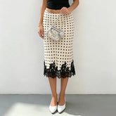 Low Waist Polka Dot Lace Panel Midi Pencil Skirt