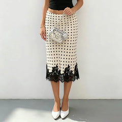 Low Waist Polka Dot Lace Panel Midi Pencil Skirt