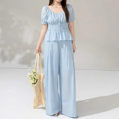 Set: Short-Sleeve V-Neck Lace Panel Smocked Blouse + High Waist Plain Wide Leg Pants