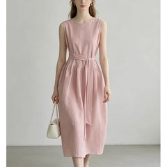 Sleeveless Round Neck Plain Tie-Waist Midi Dress