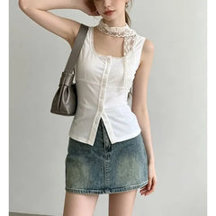 Square-Neck Lace-Trim Plain Slim-Fit Tank Top