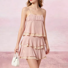 Square Neck Layer Chiffon Camisole Top / Layer Ruffled Chiffon Mini Skirt