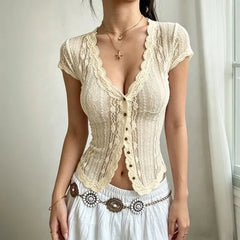 Cap Sleeve V-Neck Lace See-Through Slim-Fit Blouse