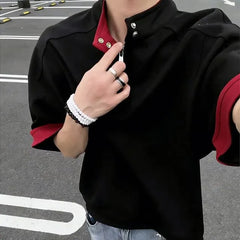 Elbow-Sleeve Stand Collar Contrast Trim Half-Zip T-Shirt