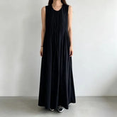 Sleeveless Round Neck Plain Pleated Maxi A-Line Dress