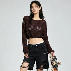 Long-Sleeve Boatneck Perforated Plain Knit Top
