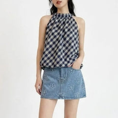 Halter Neck Plaid Bubble Hem Top